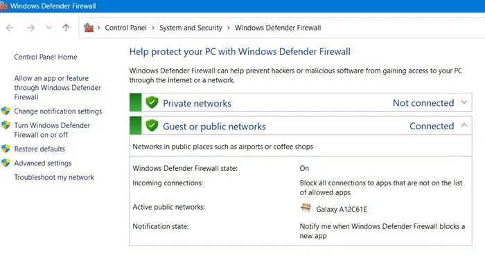 Windows Defender Firewall turned on in Control Panel protecting public and private Wi-Fi networks.