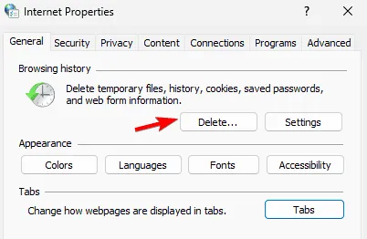delete browsing history internet properties