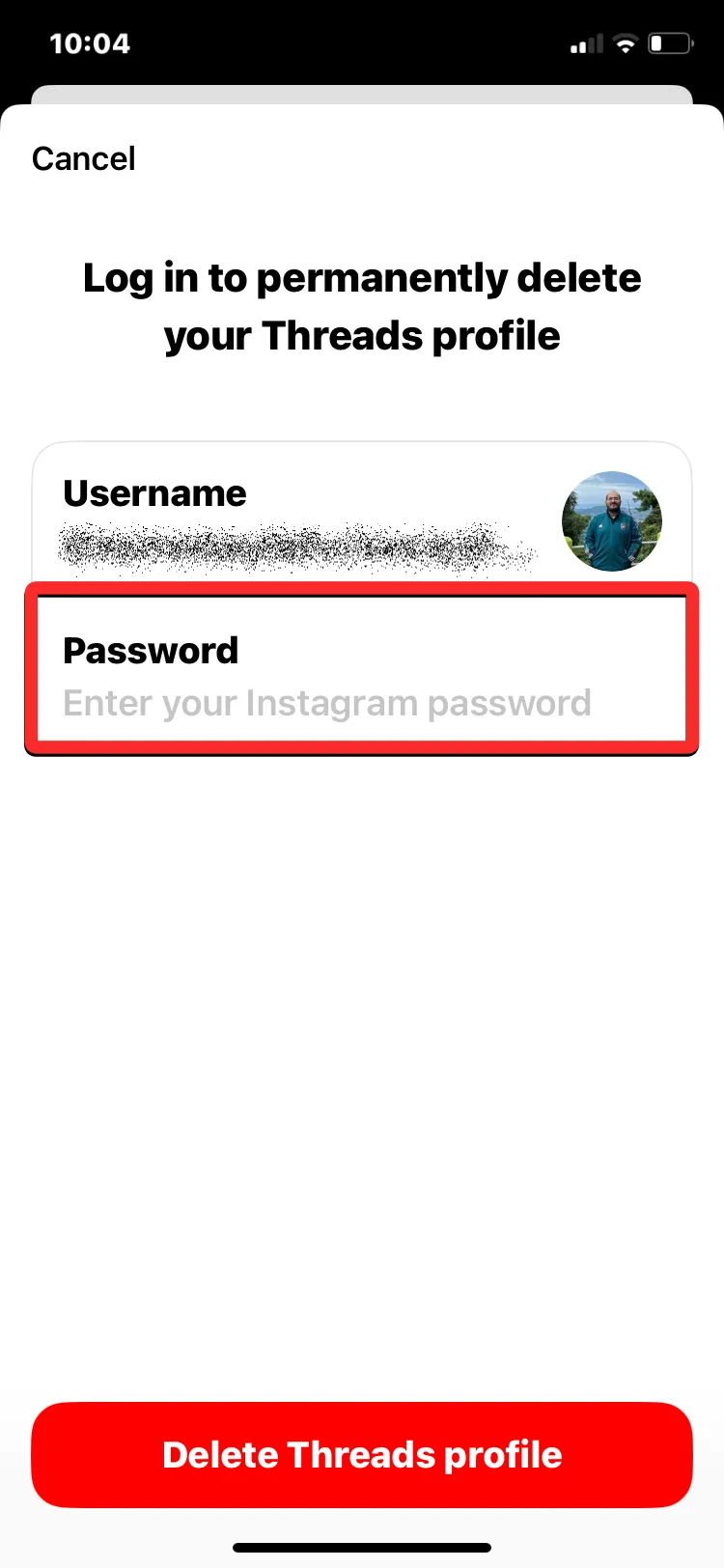 Inserisci la password di Instagram