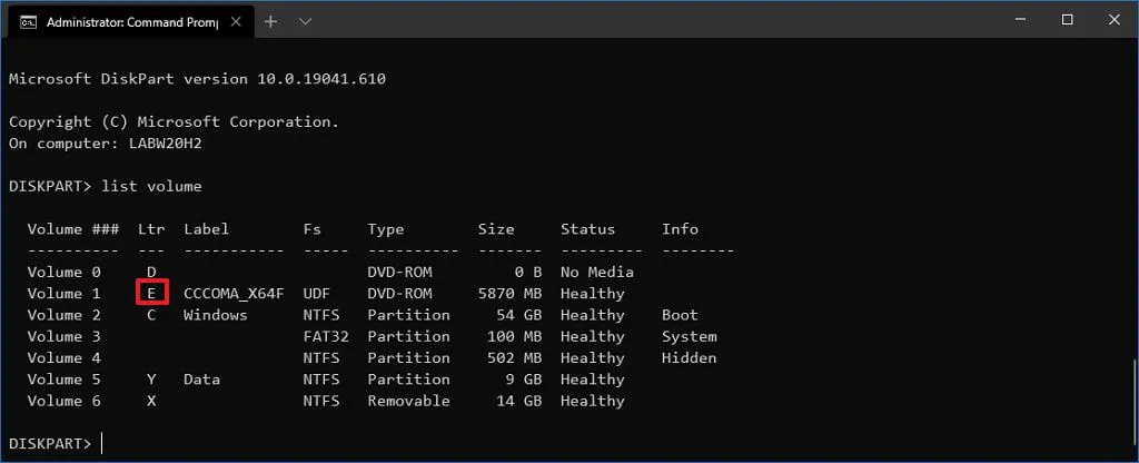 diskpart 檢查安裝的 ISO 磁碟機號