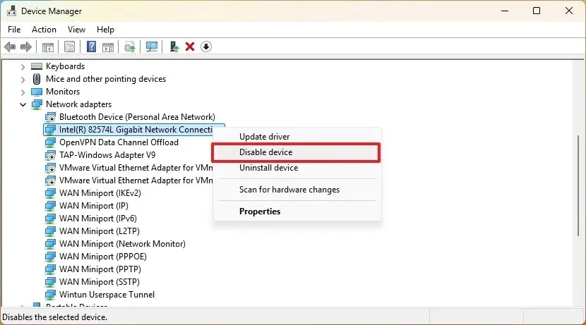 Device Manager disable network