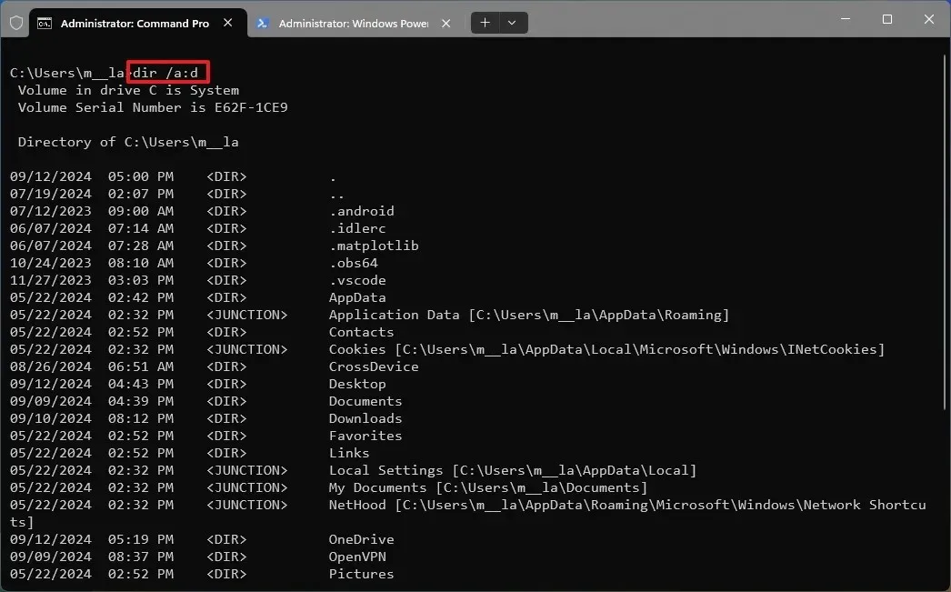 コマンドプロンプトで隠しディレクトリを表示する