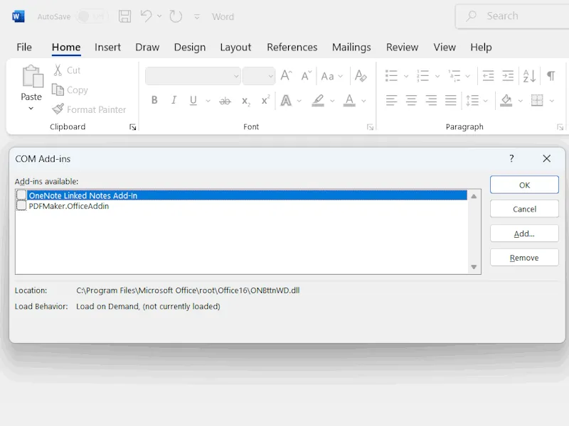 Désactiver les modules complémentaires Com dans Word