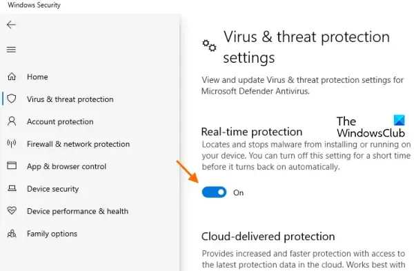 wyłącz program antywirusowy Microsoft Defender