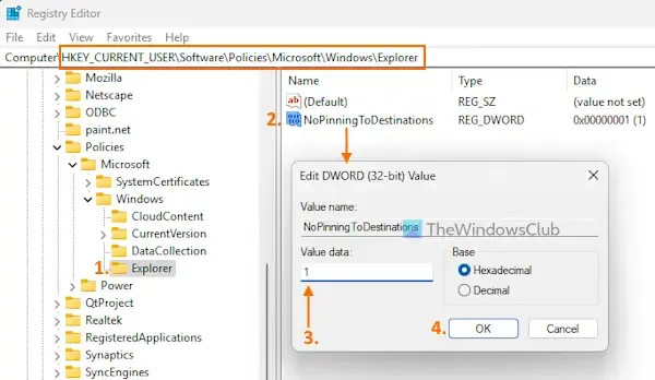 Disable pinning items in Jump List using Registry Editor