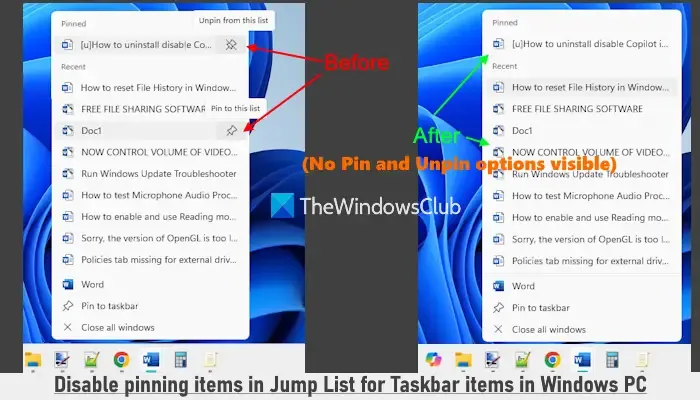 Disable pinning items in Jump List on the taskbar