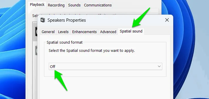 Desactivar el sonido espacial en la configuración de sonido de Windows