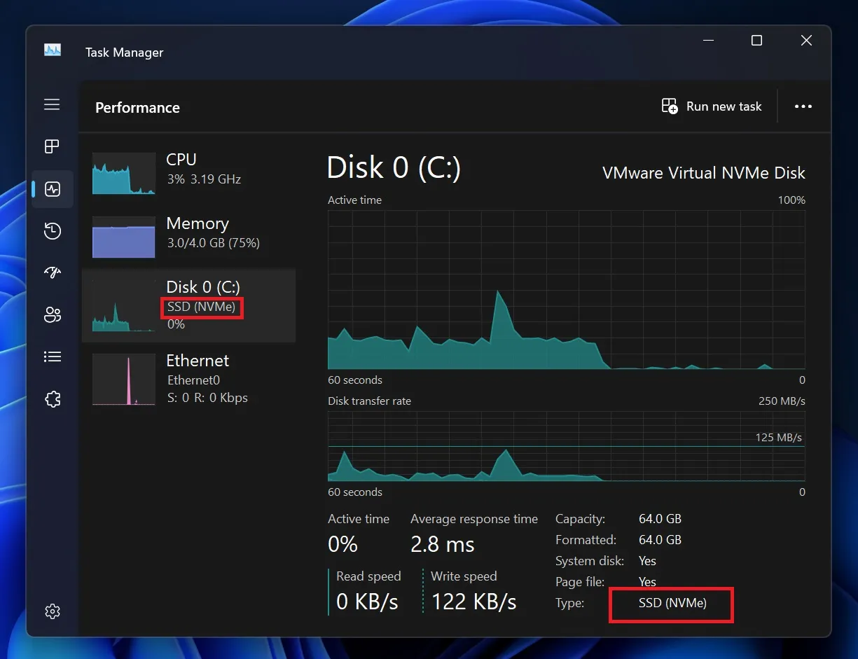 détails du type de disque dans le gestionnaire de tâches de Windows 11 bêta