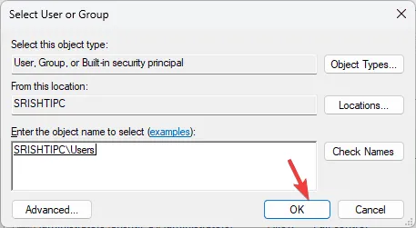 Selecione o usuário e clique em OK - local dos logs do firewall do Windows 11