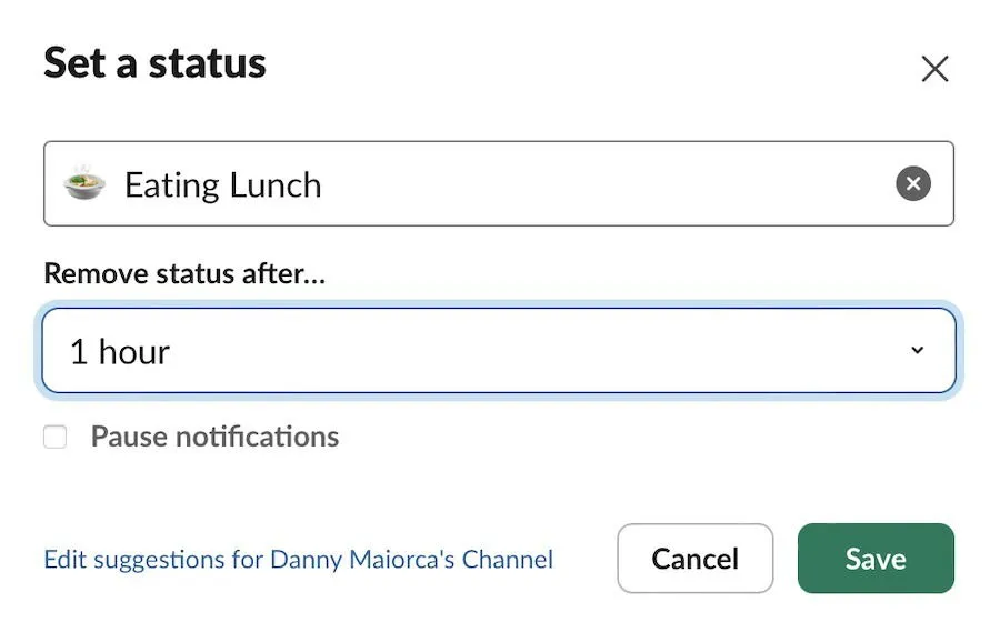 Slack-status die laat zien dat iemand luncht