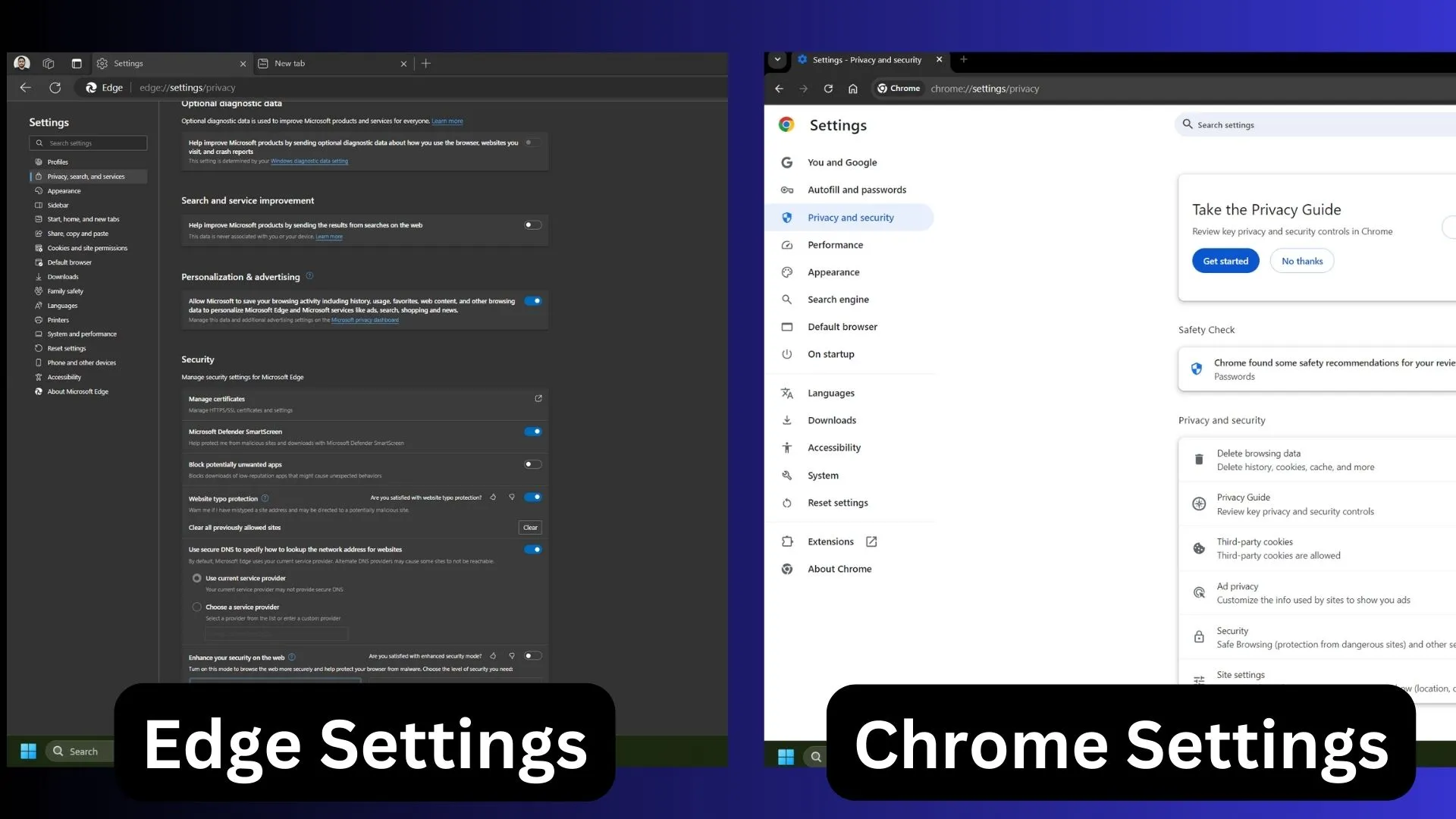 Edge と Chrome の設定ページレイアウトの比較