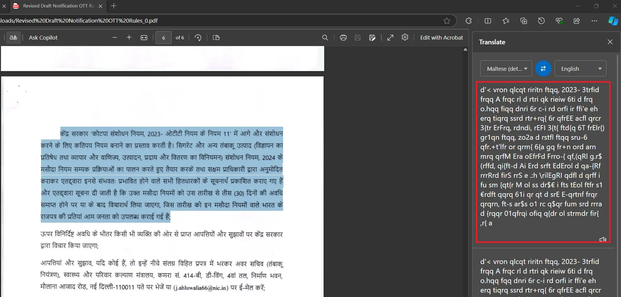 Edge no puede detectar ni traducir idiomas en PDF como el hindi