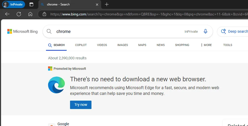 Bing promuje Microsoft Edge w trybie InPrivate