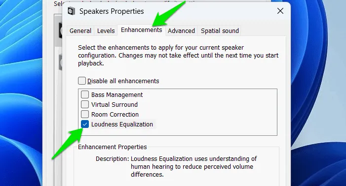 Enable Loudness Equalization in Windows sound settings