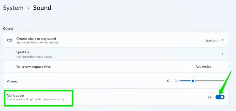Mono audio toggle in Windows 11