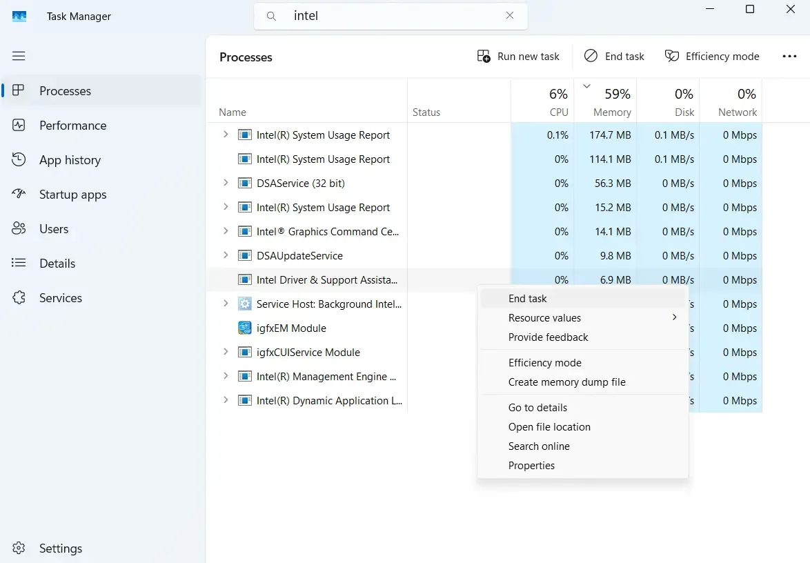 Finalizar tarea Asistente de soporte y controladores Intel