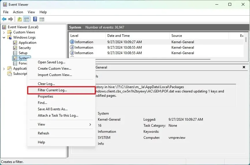 Filter Current Log