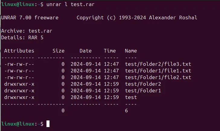 l フラグを指定した unrar コマンドを使用して内容を調べます。