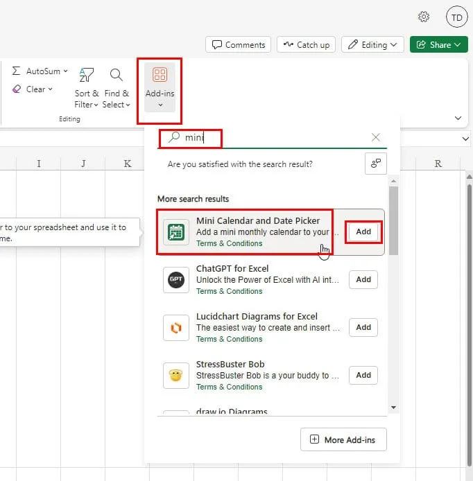 componente aggiuntivo web di Excel