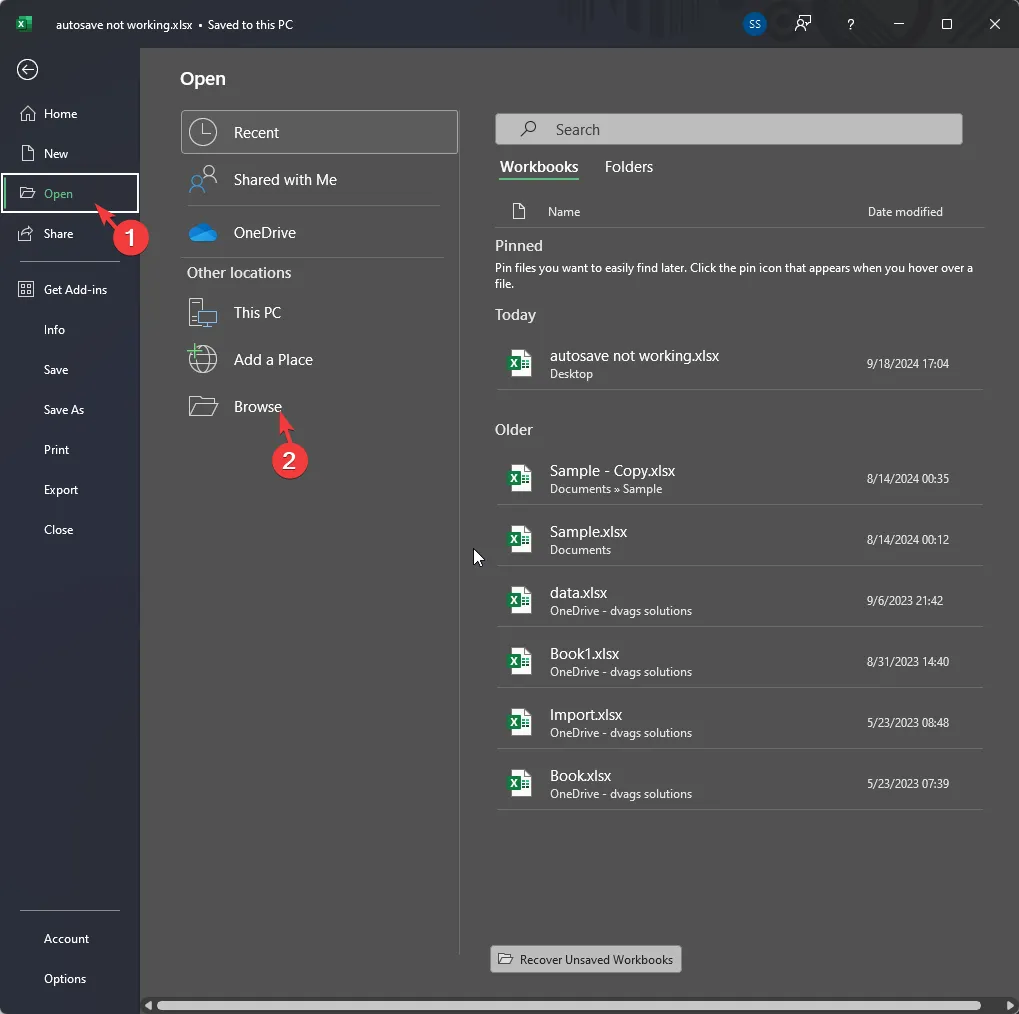 Apri-sfoglia - salvataggio automatico di Excel non funzionante