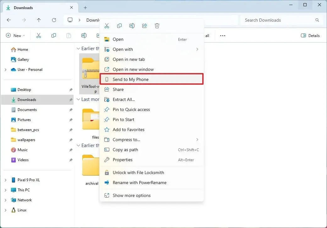 Opção de menu de contexto do File Explorer Enviar para meu telefone