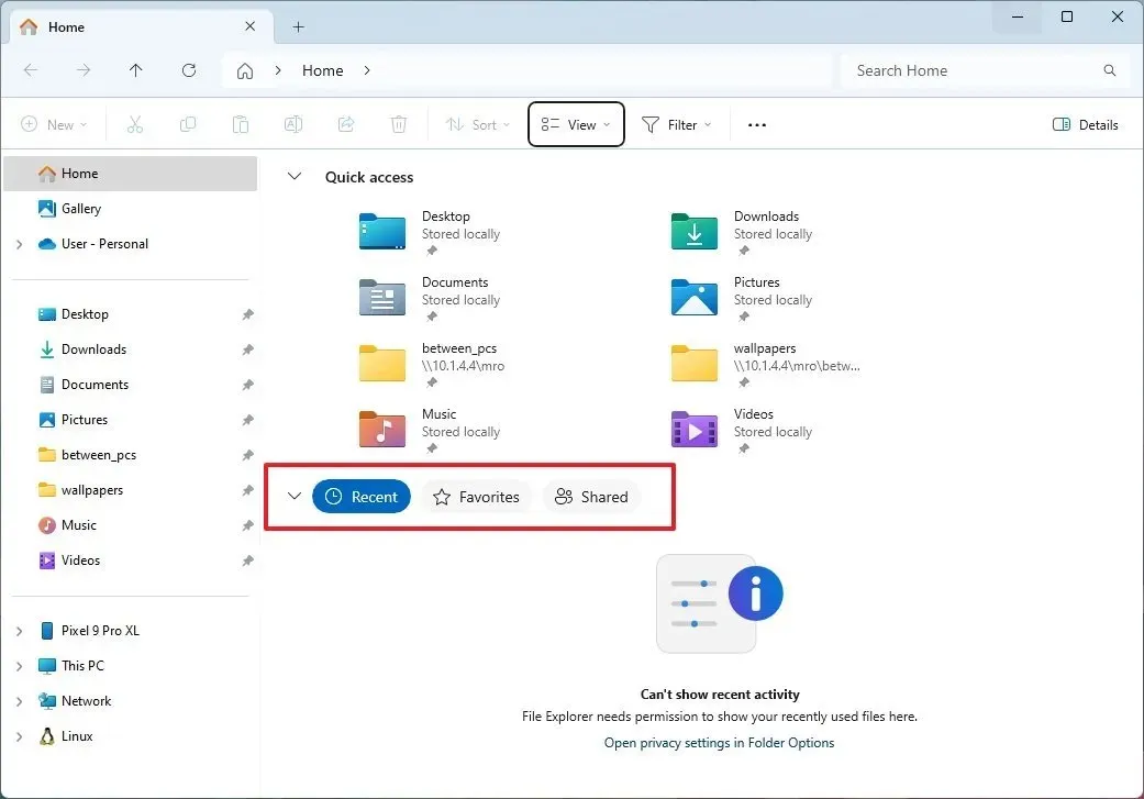 Novo design das abas iniciais do File Explorer