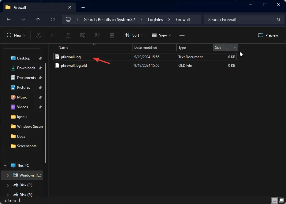 Properties of Firewall log file - windows 11 firewall logs location