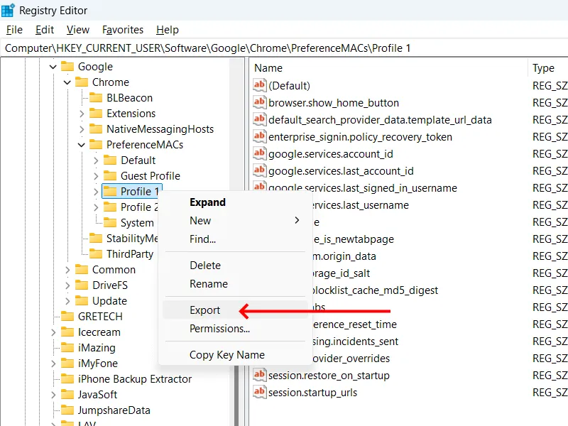 Eksportuj klucz rejestru profilu Chrome