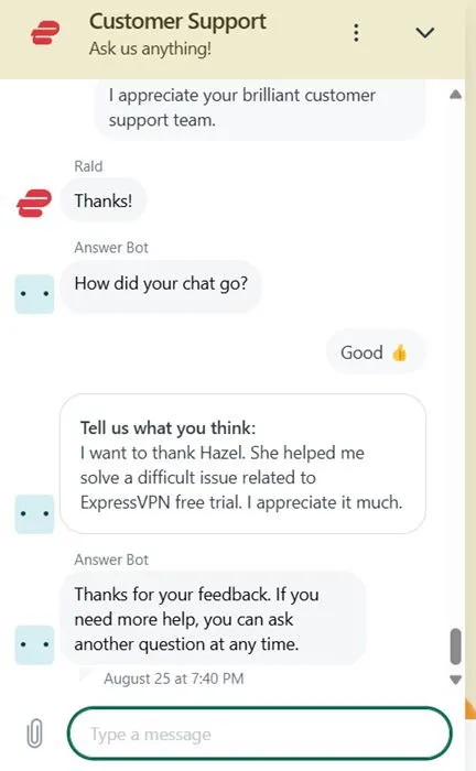 채팅 창에 ExpressVPN 고객 서비스가 표시됩니다.