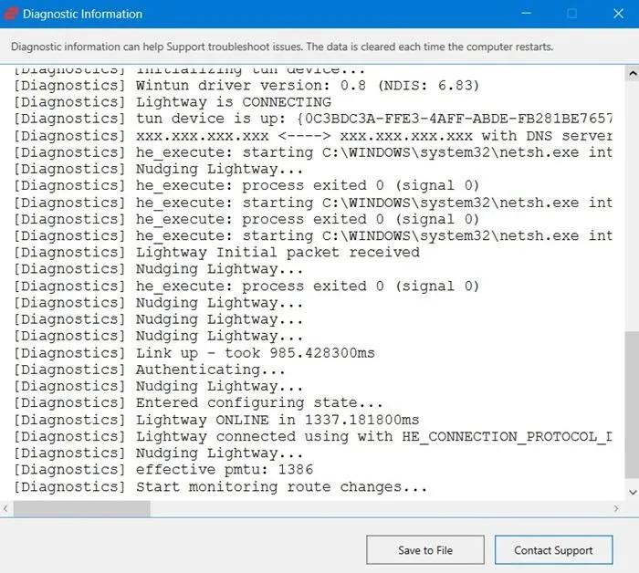 Surveillance des changements d'itinéraire à l'aide du protocole Lightway à l'aide des diagnostics ExpressVPN.