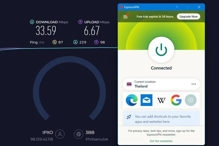 Velocidad de ExpressVPN medida para un