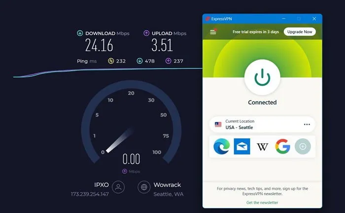 Snelheidstest van ExpressVPN US-server vanaf een locatie in Azië op de Speedtest-website.