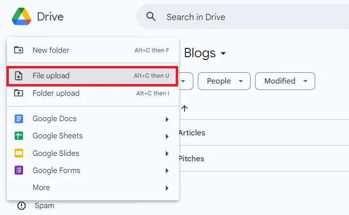 Etapa que mostra clicar na opção Upload de arquivo para enviar o arquivo PDF para o Google Drive