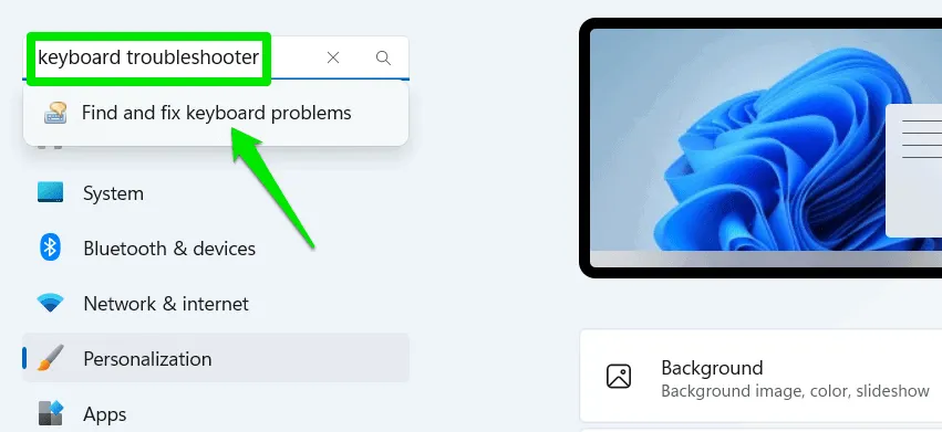 Barra de pesquisa de configurações do Windows com solucionador de problemas de teclado