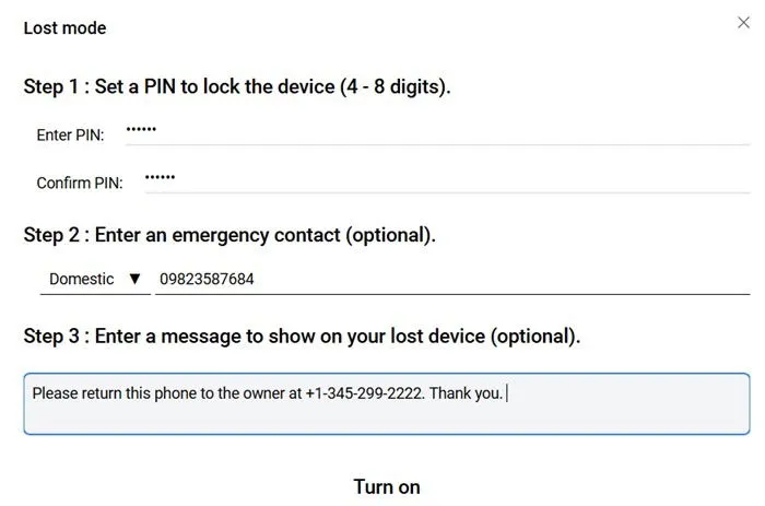 Adding PIN and other information for locking Samsung phone on SmartThings Find website.