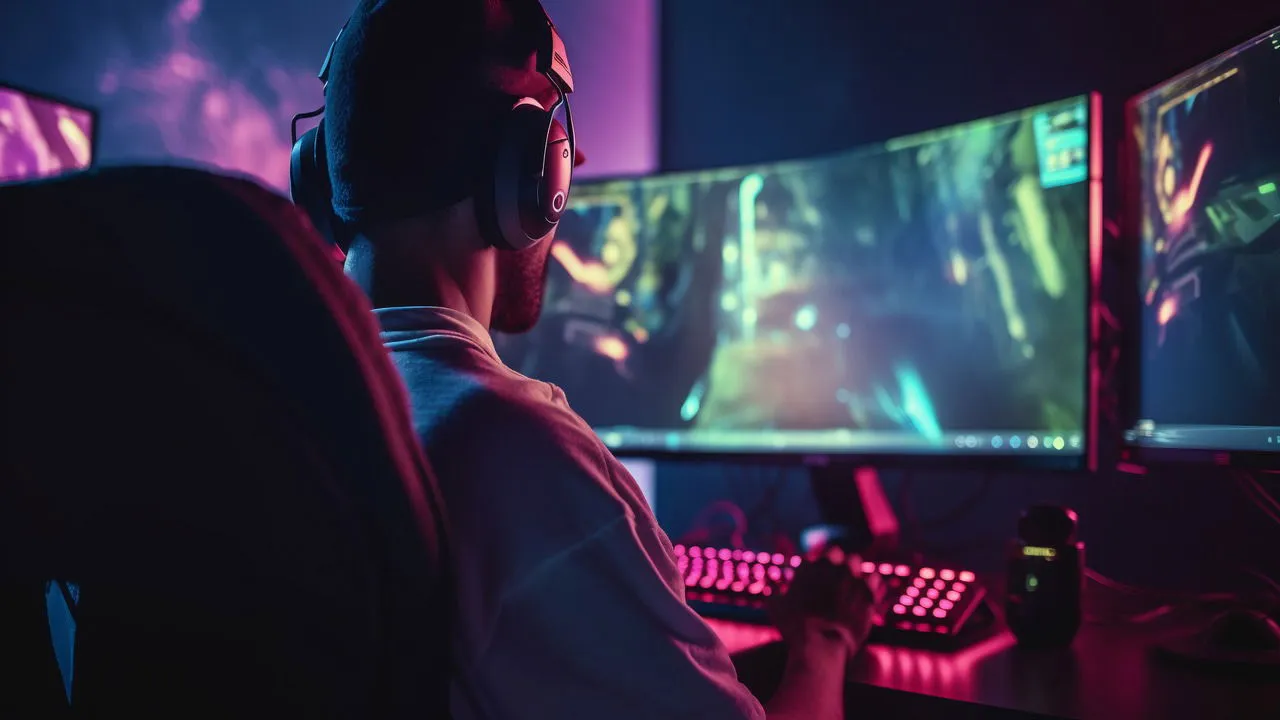 man sitting in front of multiple monitors with games