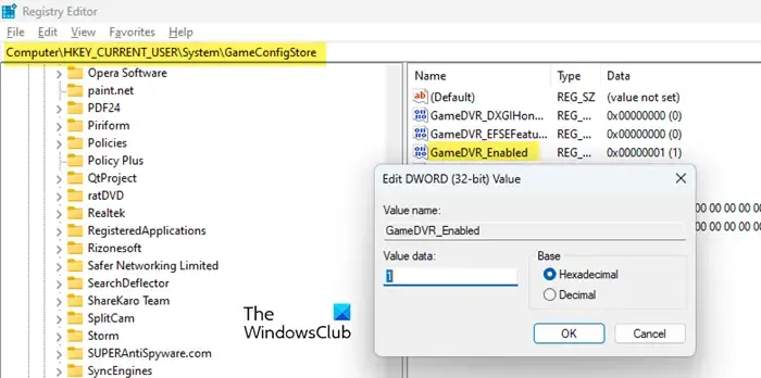 註冊表中的 GameDVR_Enabled 項