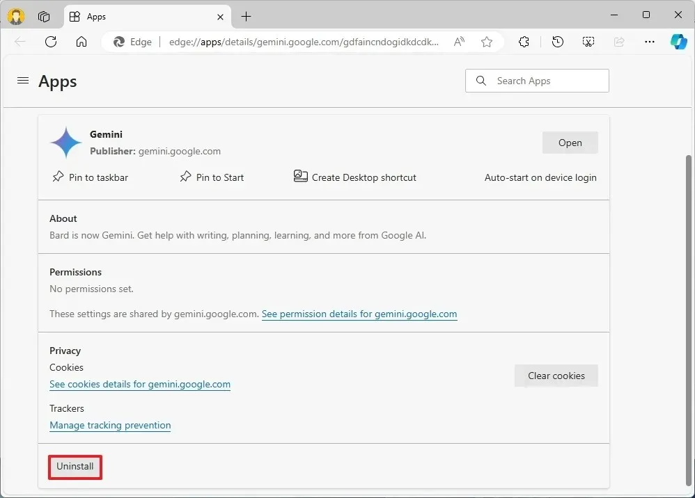 Desinstalar o aplicativo Gemini no Edge