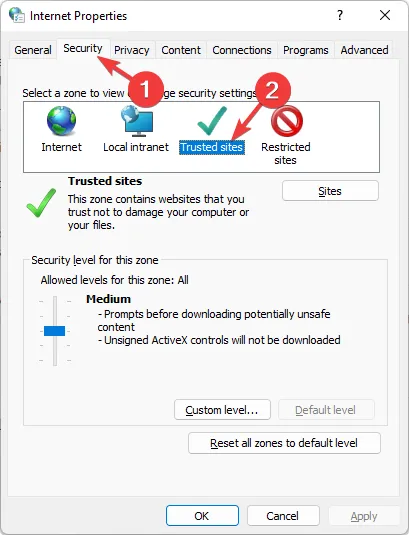 going trusted sites internet options