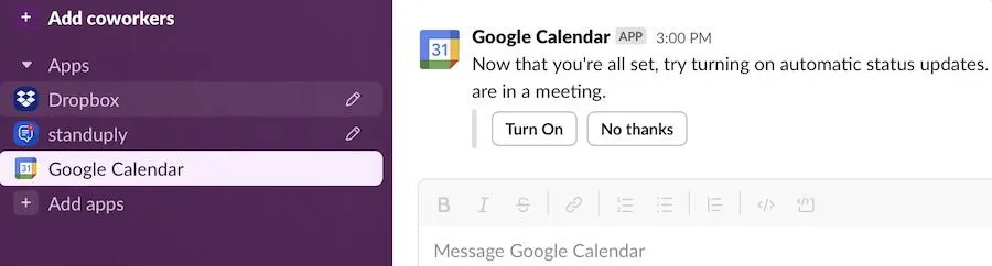 Mensaje de Slack de Google Calendar