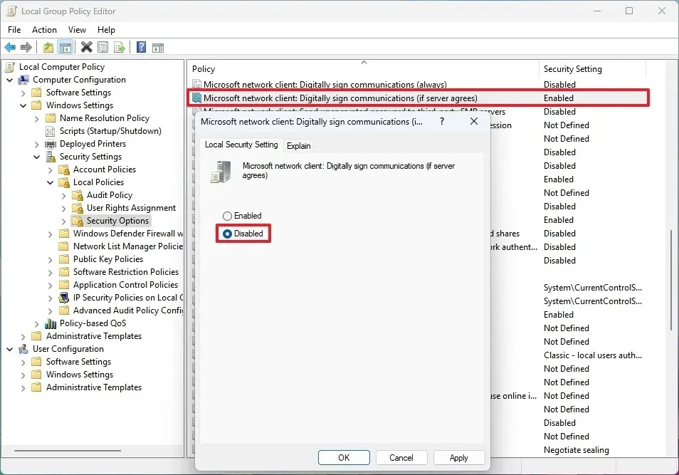 Disabilitare la policy di comunicazione Firma digitale (se il server è d'accordo)