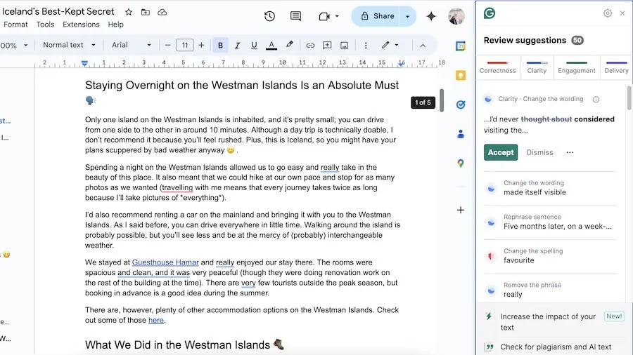 L'estensione Grammarly in Chrome tramite un documento Google