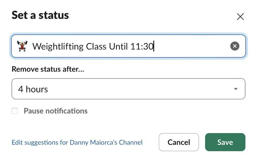 Slack 狀態設定顯示有人要去健身房