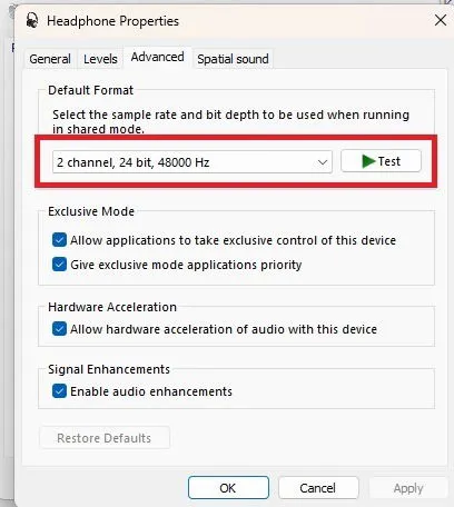 Changing the default format of the headphones.