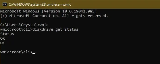 WMIC-resultaten bekijken na controle van de status van de harde schijf.