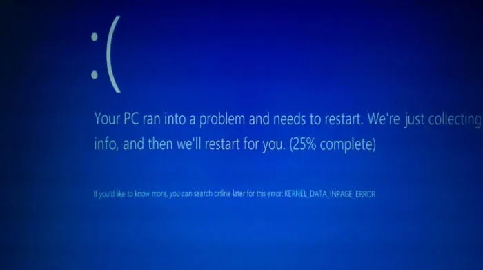 Ejemplo de una pantalla azul de error de entrada de datos del kernel.