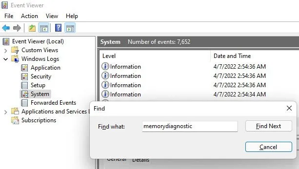 Procurando resultados de diagnóstico de memória no Visualizador de Eventos.