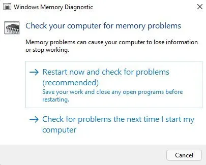 Démarrage d'une analyse de diagnostic de la mémoire sous Windows.