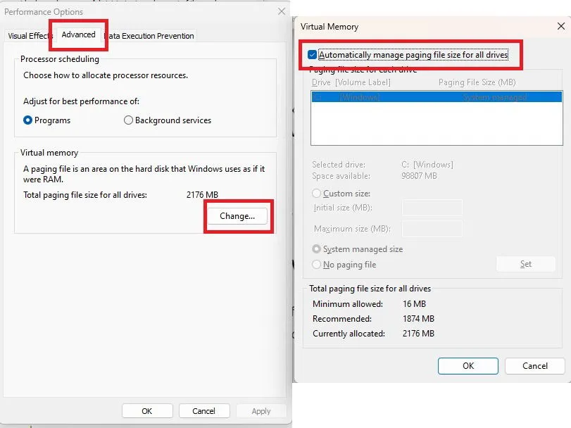 Activation de la taille du fichier d'échange dans Windows.