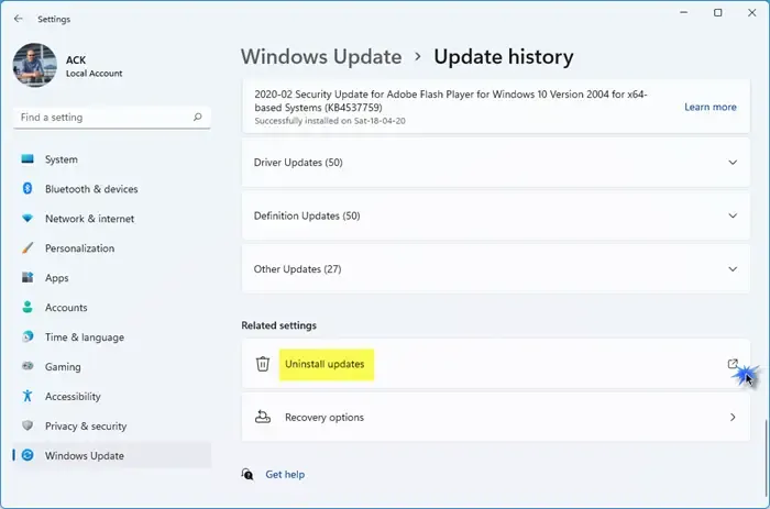 Desinstalar actualizaciones de Windows en Windows 11